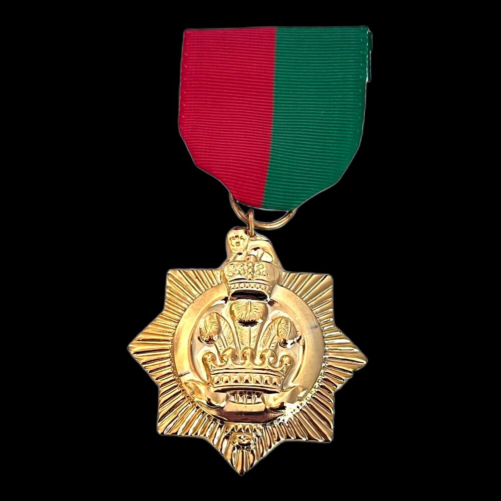 Vintage 1970s Military Style Medal Brooch Gold Tone Red Green Ribbon Pin - 13E